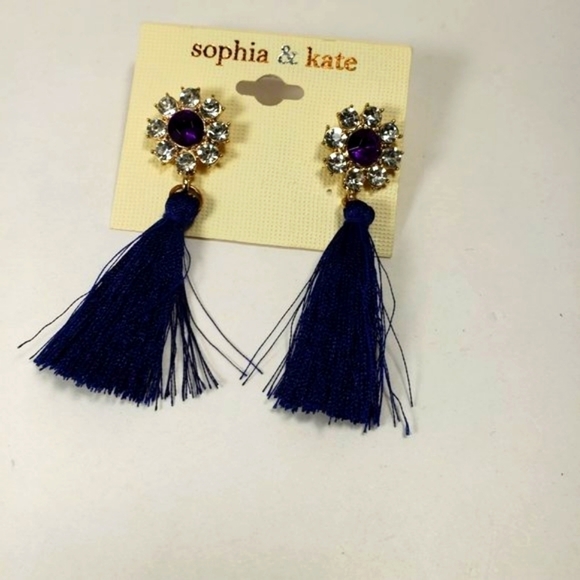 Gold-tone Clear and Purple Crystal Drop Dangle Blue Tassel Earrings - Picture 8 of 9